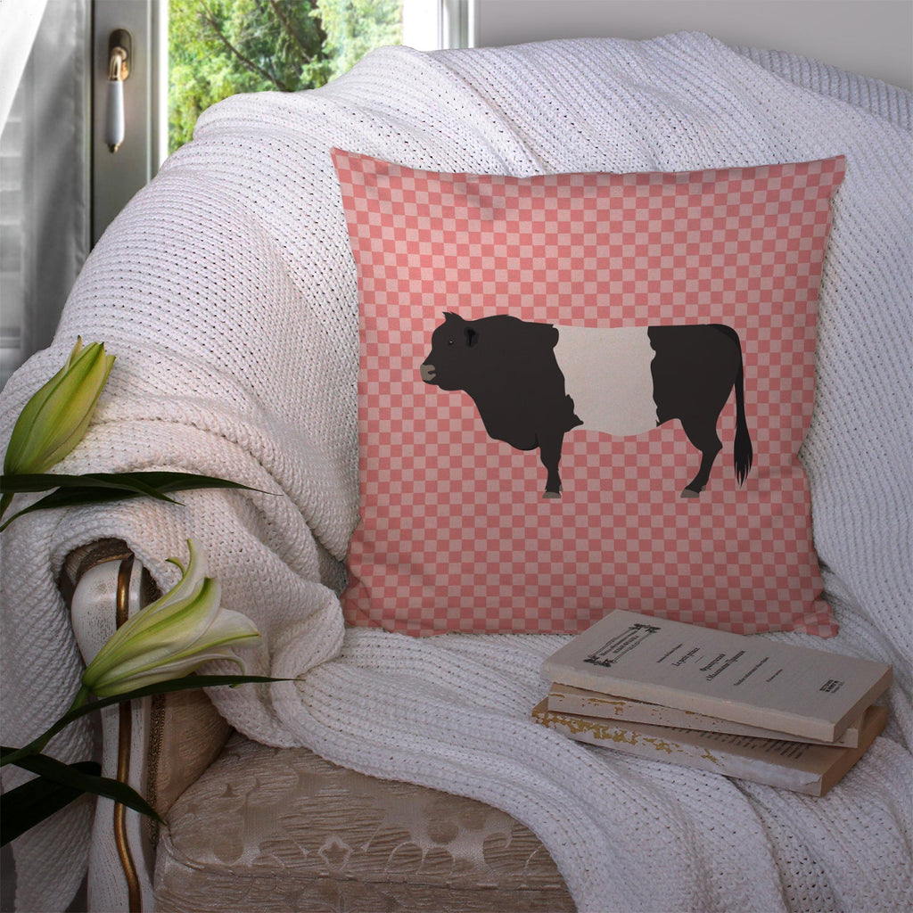 Belted Galloway Cow Pink Check Decorative Throw Pillow 14x14 Indoor Outdoor Accent Cushion, Fabric Cover with Insert for Sofa, Bed, Porch & Living Room