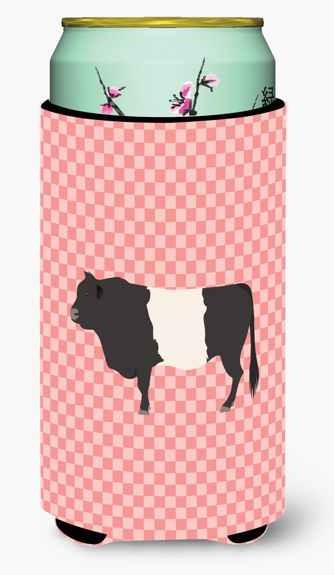 Belted Galloway Cow Pink Check Tall Boy Hugger Can Cooler Sleeve Machine Washable Drink Collapsible Insulator Beverage Insulated Holder
