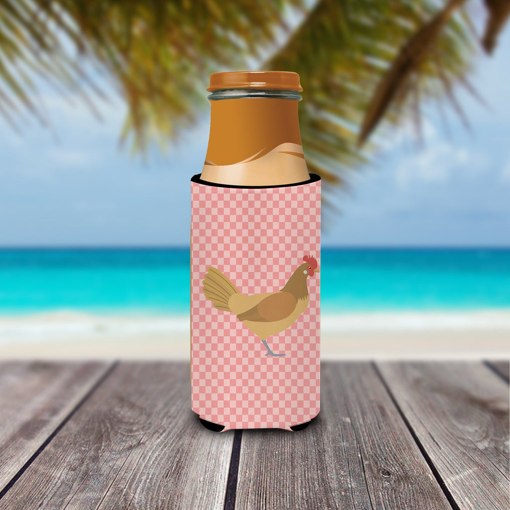 Frisian Friesian Chicken Pink Check Slim Can Hugger , Insulated Foam Hugger for 12 oz Slim Cans, Beer Bottles & Water Bottles, Printed in USA