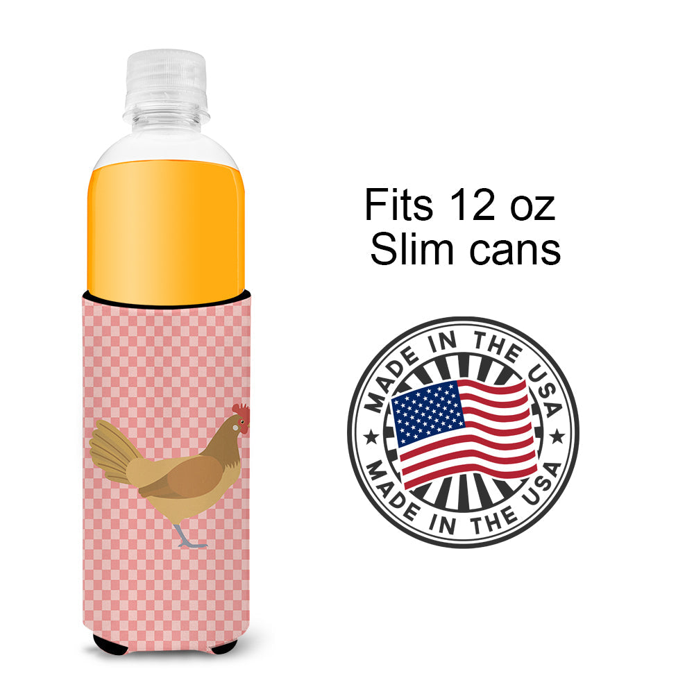 Frisian Friesian Chicken Pink Check Slim Can Hugger , Insulated Foam Hugger for 12 oz Slim Cans, Beer Bottles & Water Bottles, Printed in USA