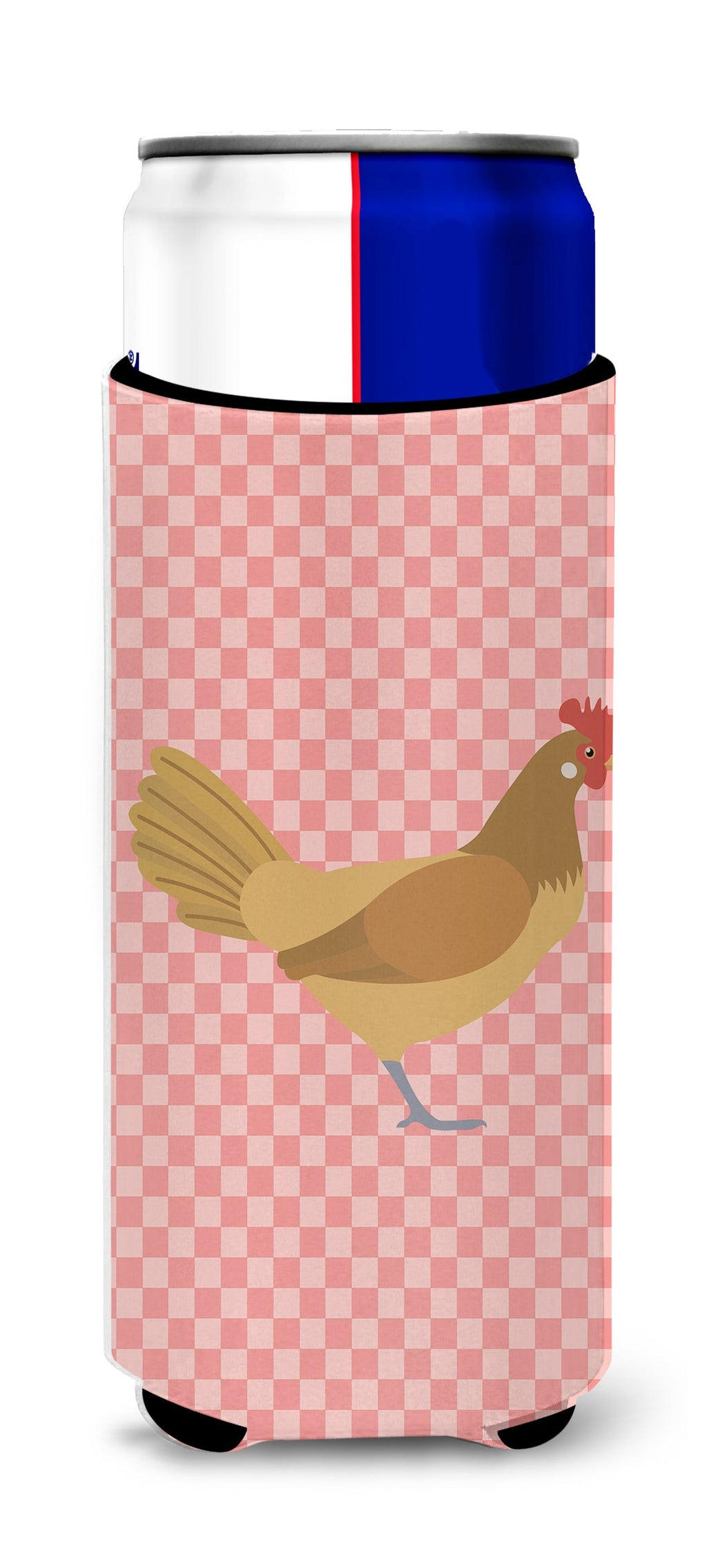 Frisian Friesian Chicken Pink Check Slim Can Hugger , Insulated Foam Hugger for 12 oz Slim Cans, Beer Bottles & Water Bottles, Printed in USA