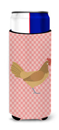 Frisian Friesian Chicken Pink Check Slim Can Hugger , Insulated Foam Hugger for 12 oz Slim Cans, Beer Bottles & Water Bottles, Printed in USA