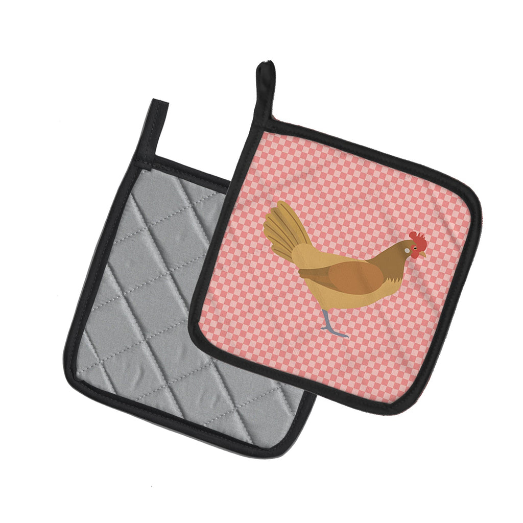 Frisian Friesian Chicken Pink Check Pot Holder Set of 2 Heat Resistant Quilted Hot Pads 7.5 x 7.5 Inch, Insulated Kitchen Trivets for Cooking & Baking