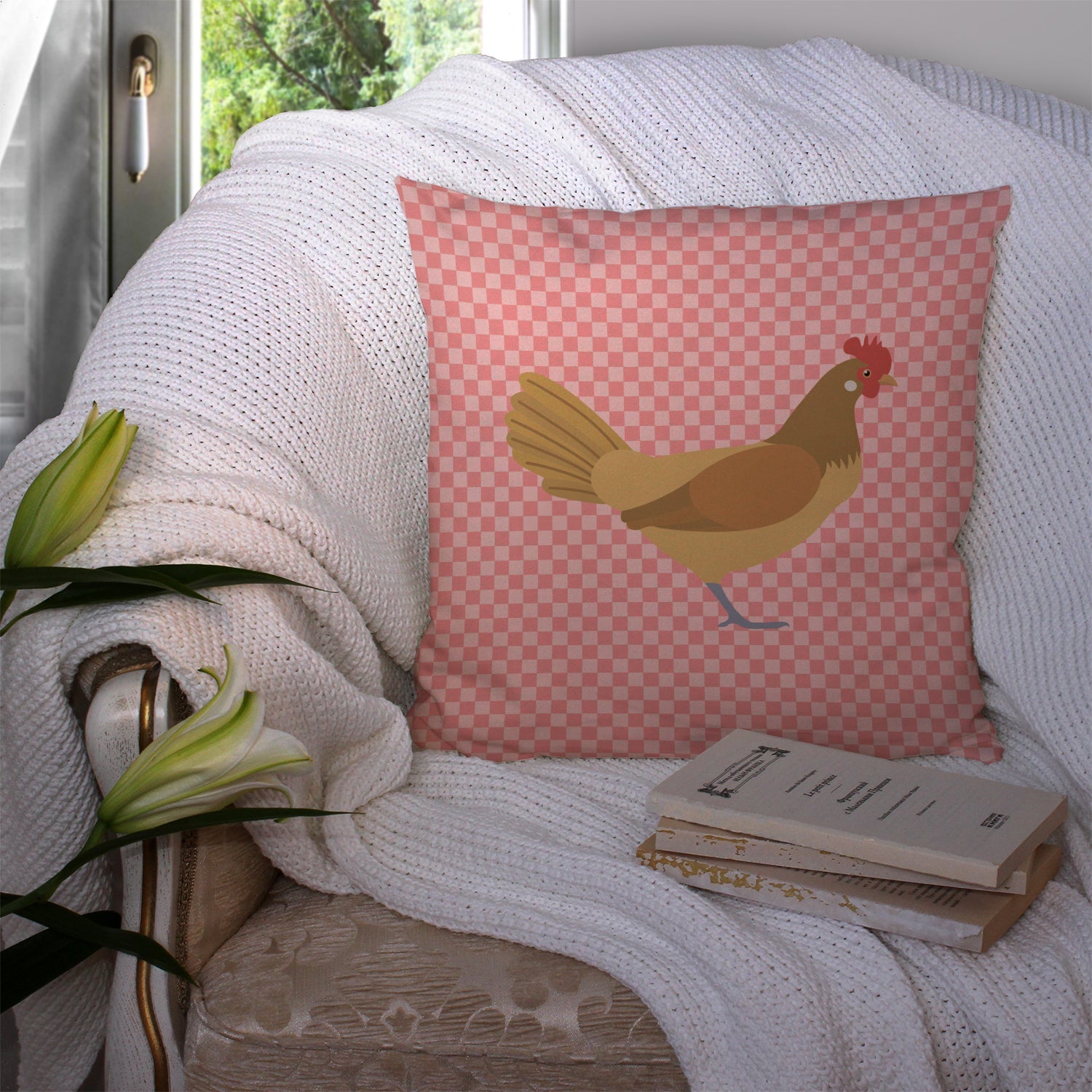 Frisian Friesian Chicken Pink Check Decorative Throw Pillow 14x14 Indoor Outdoor Accent Cushion, Fabric Cover with Insert for Sofa, Bed, Porch & Living Room