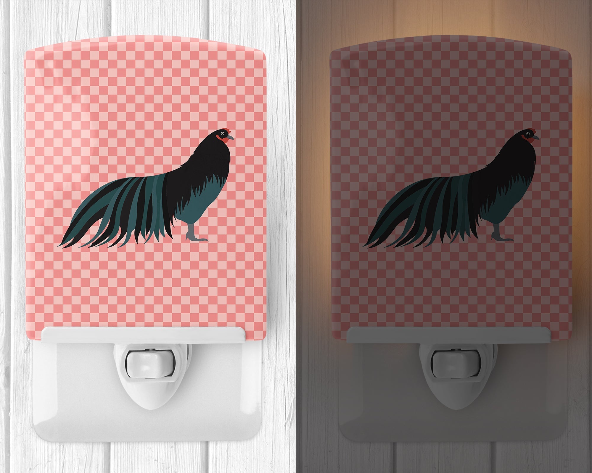 Sumatra Chicken Pink Check Ceramic Night Light Compact, UL-Certified, Ideal for Bedroom, Bathroom, Nursery, Hallway, Kitchen, 6x4x3, Multicolor