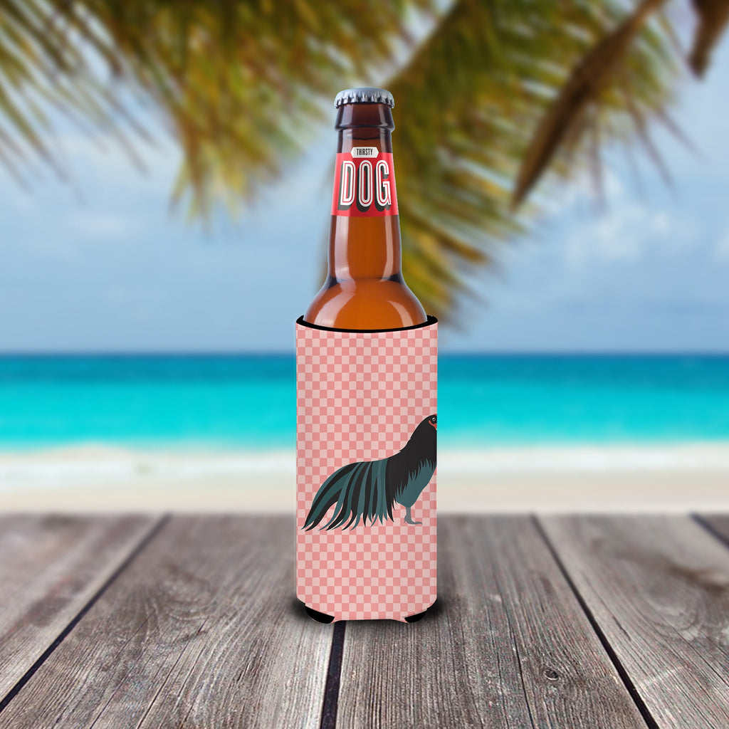 Sumatra Chicken Pink Check Slim Can Hugger , Insulated Foam Hugger for 12 oz Slim Cans, Beer Bottles & Water Bottles, Printed in USA