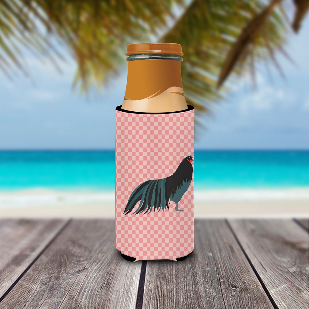 Sumatra Chicken Pink Check Slim Can Hugger , Insulated Foam Hugger for 12 oz Slim Cans, Beer Bottles & Water Bottles, Printed in USA