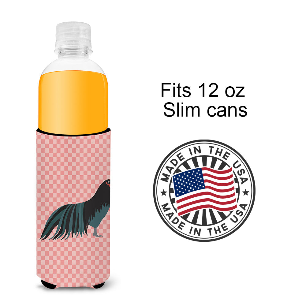 Sumatra Chicken Pink Check Slim Can Hugger , Insulated Foam Hugger for 12 oz Slim Cans, Beer Bottles & Water Bottles, Printed in USA