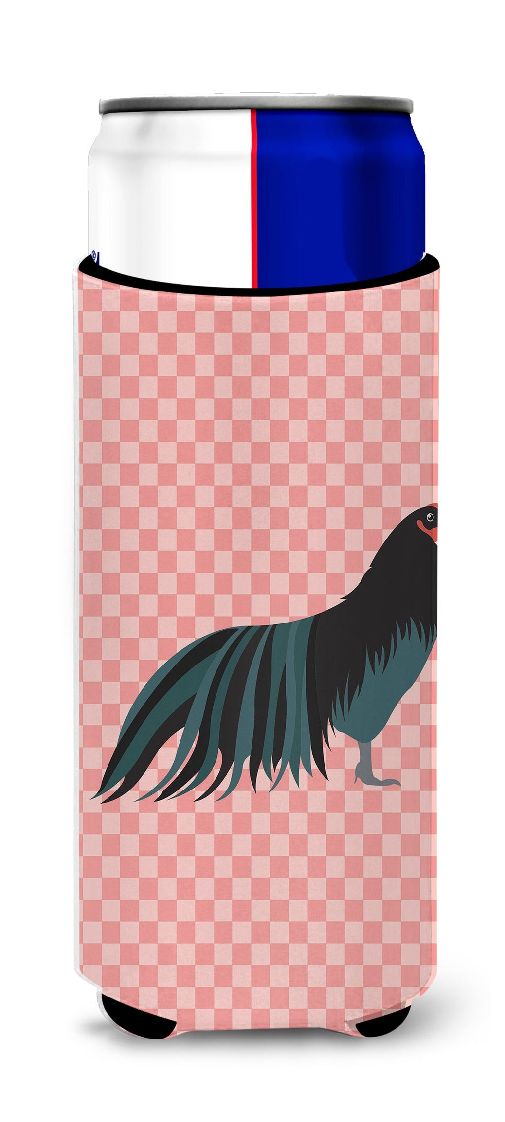 Sumatra Chicken Pink Check Slim Can Hugger , Insulated Foam Hugger for 12 oz Slim Cans, Beer Bottles & Water Bottles, Printed in USA