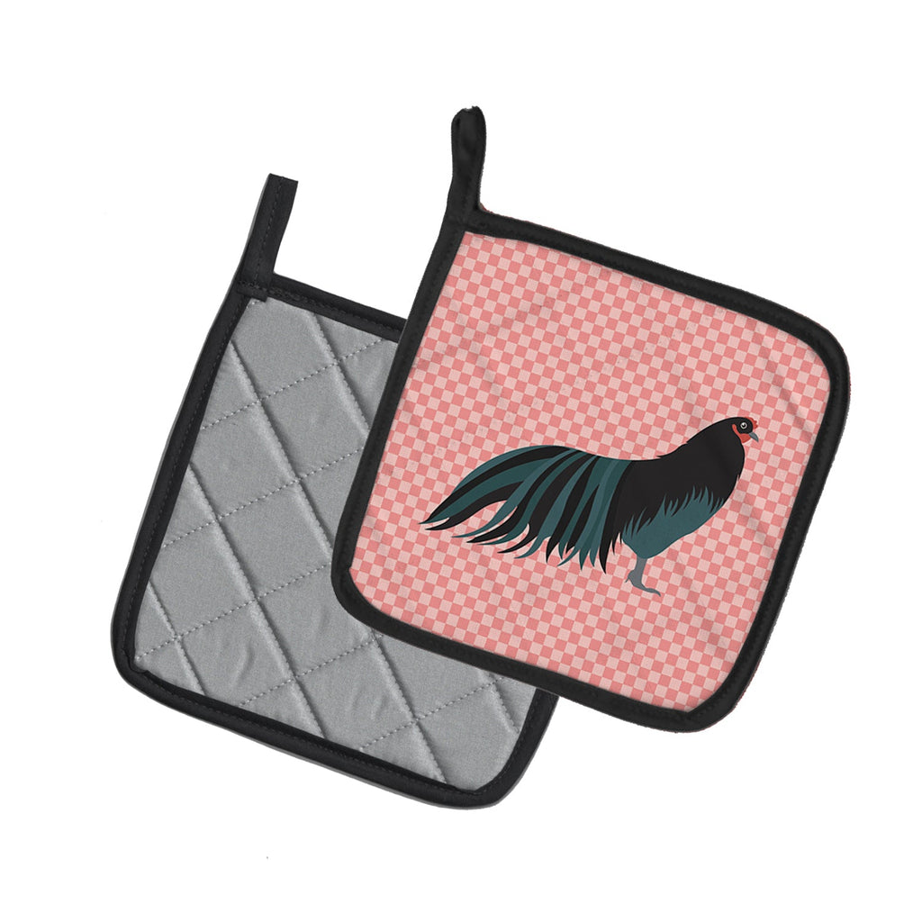 Sumatra Chicken Pink Check Pot Holder Set of 2 Heat Resistant Quilted Hot Pads 7.5 x 7.5 Inch, Insulated Kitchen Trivets for Cooking & Baking