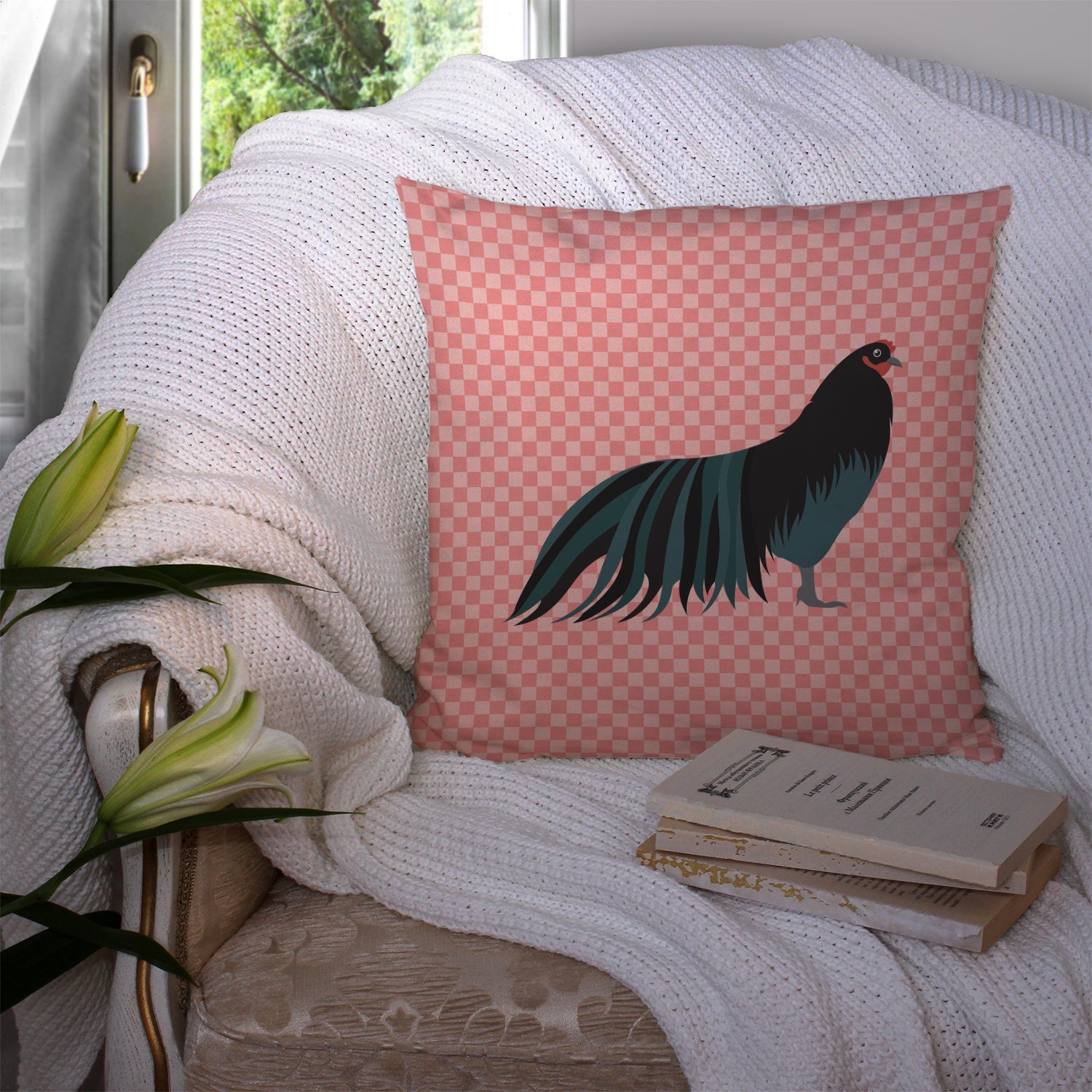 Sumatra Chicken Pink Check Decorative Throw Pillow 14x14 Indoor Outdoor Accent Cushion, Fabric Cover with Insert for Sofa, Bed, Porch & Living Room
