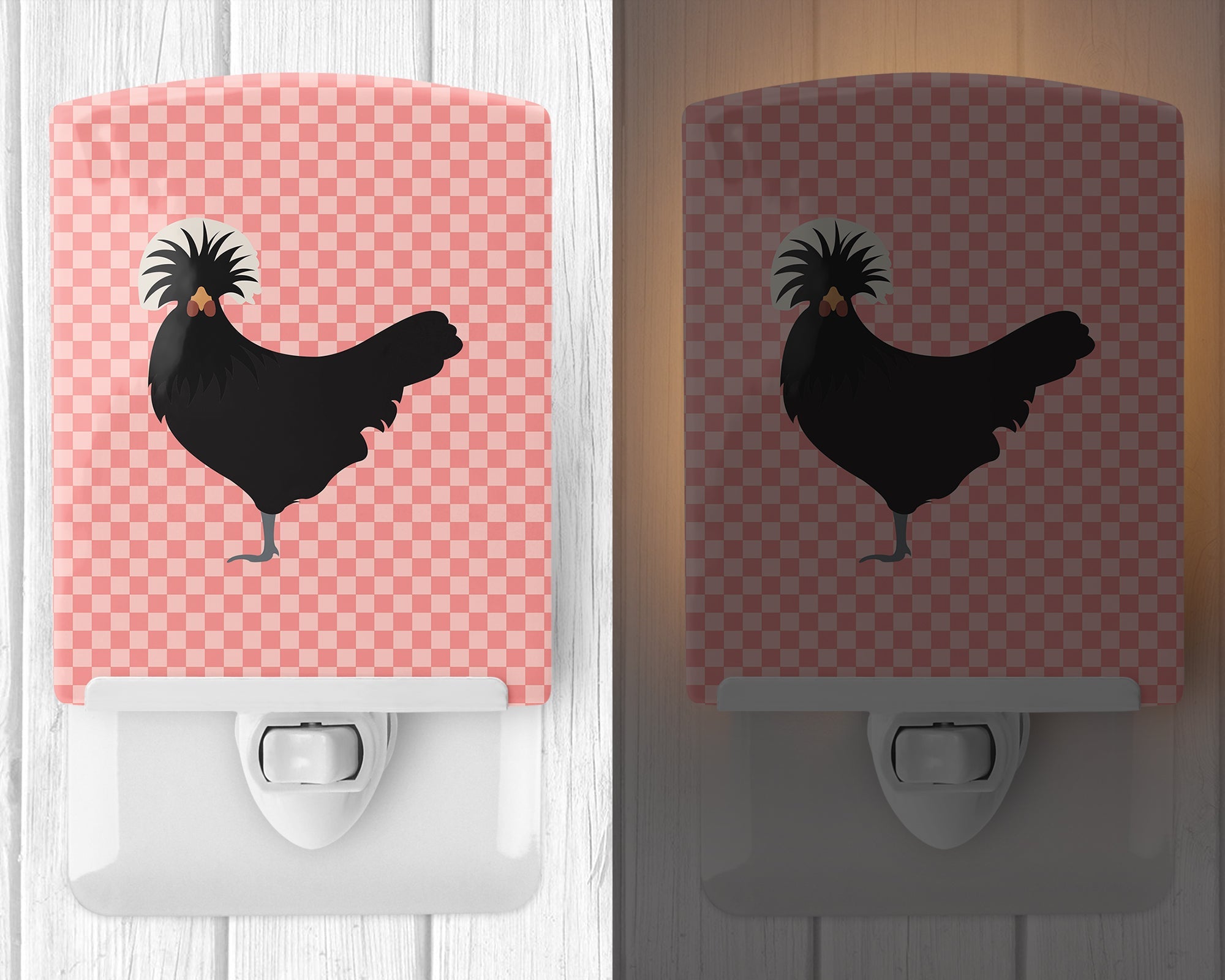 Polish Poland Chicken Pink Check Ceramic Night Light Compact, UL-Certified, Ideal for Bedroom, Bathroom, Nursery, Hallway, Kitchen, 6x4x3, Multicolor