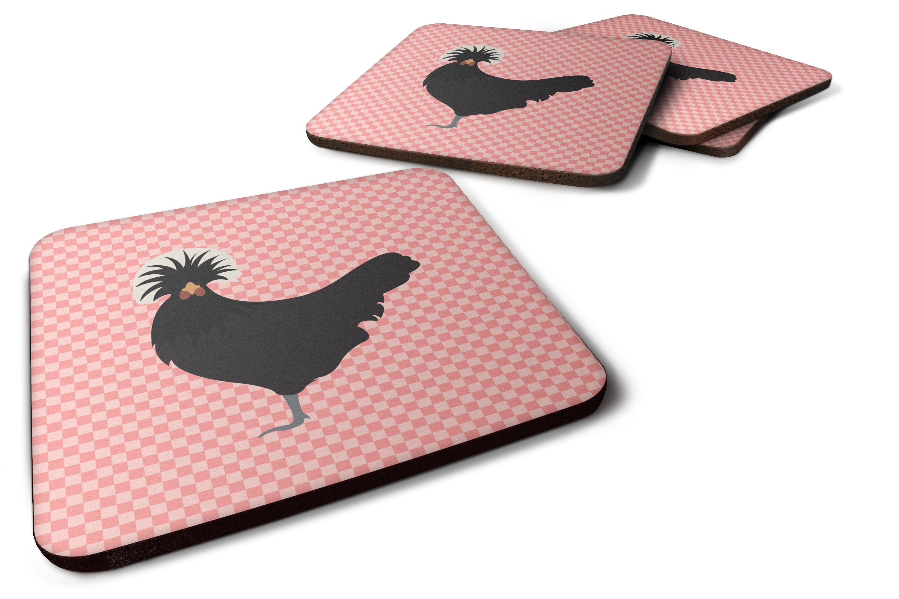 Polish Poland Chicken Pink Check Foam Coasters Set of 4 Cup Coasters for Indoor Outdoor, Tabletop Protection, Anti Slip, Mouse pad Material