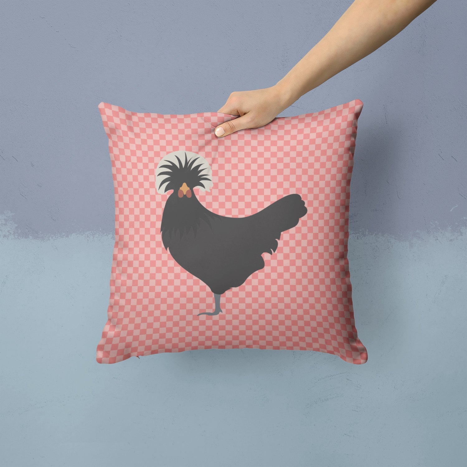 Polish Poland Chicken Pink Check Decorative Throw Pillow 14x14 Indoor Outdoor Accent Cushion, Fabric Cover with Insert for Sofa, Bed, Porch & Living Room