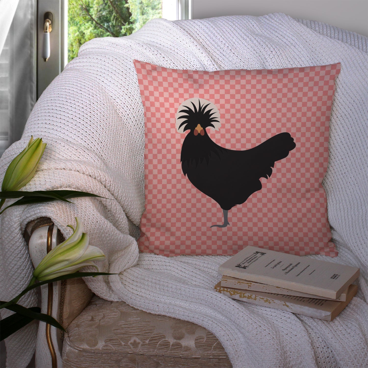 Polish Poland Chicken Pink Check Decorative Throw Pillow 14x14 Indoor Outdoor Accent Cushion, Fabric Cover with Insert for Sofa, Bed, Porch & Living Room