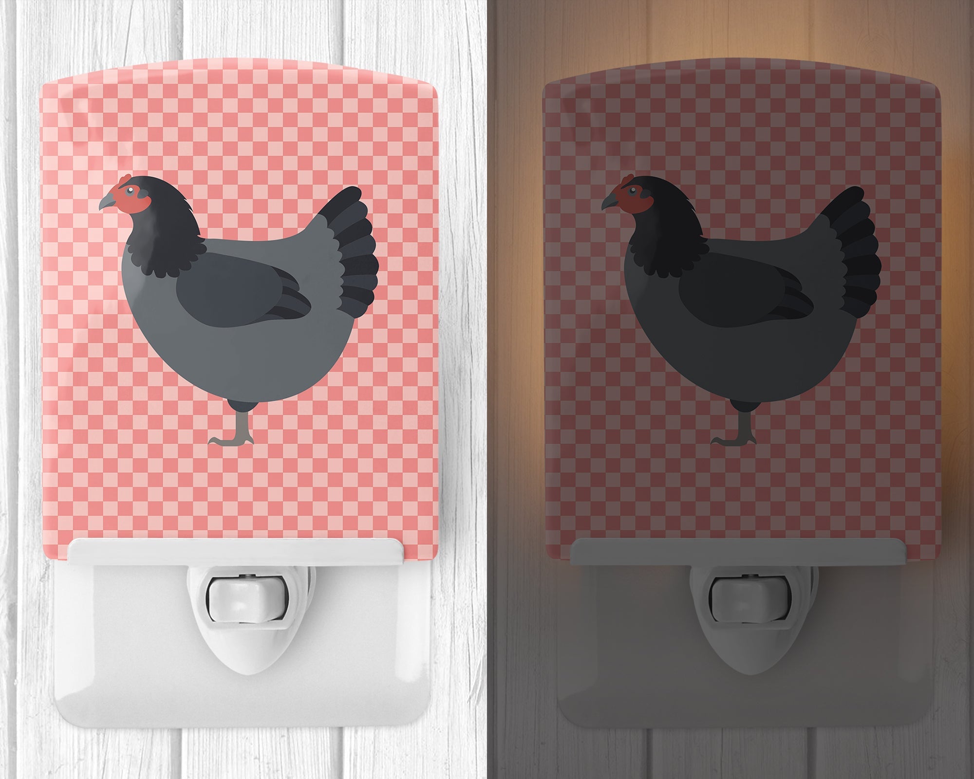 Jersey Giant Chicken Pink Check Ceramic Night Light Compact, UL-Certified, Ideal for Bedroom, Bathroom, Nursery, Hallway, Kitchen, 6x4x3, Multicolor