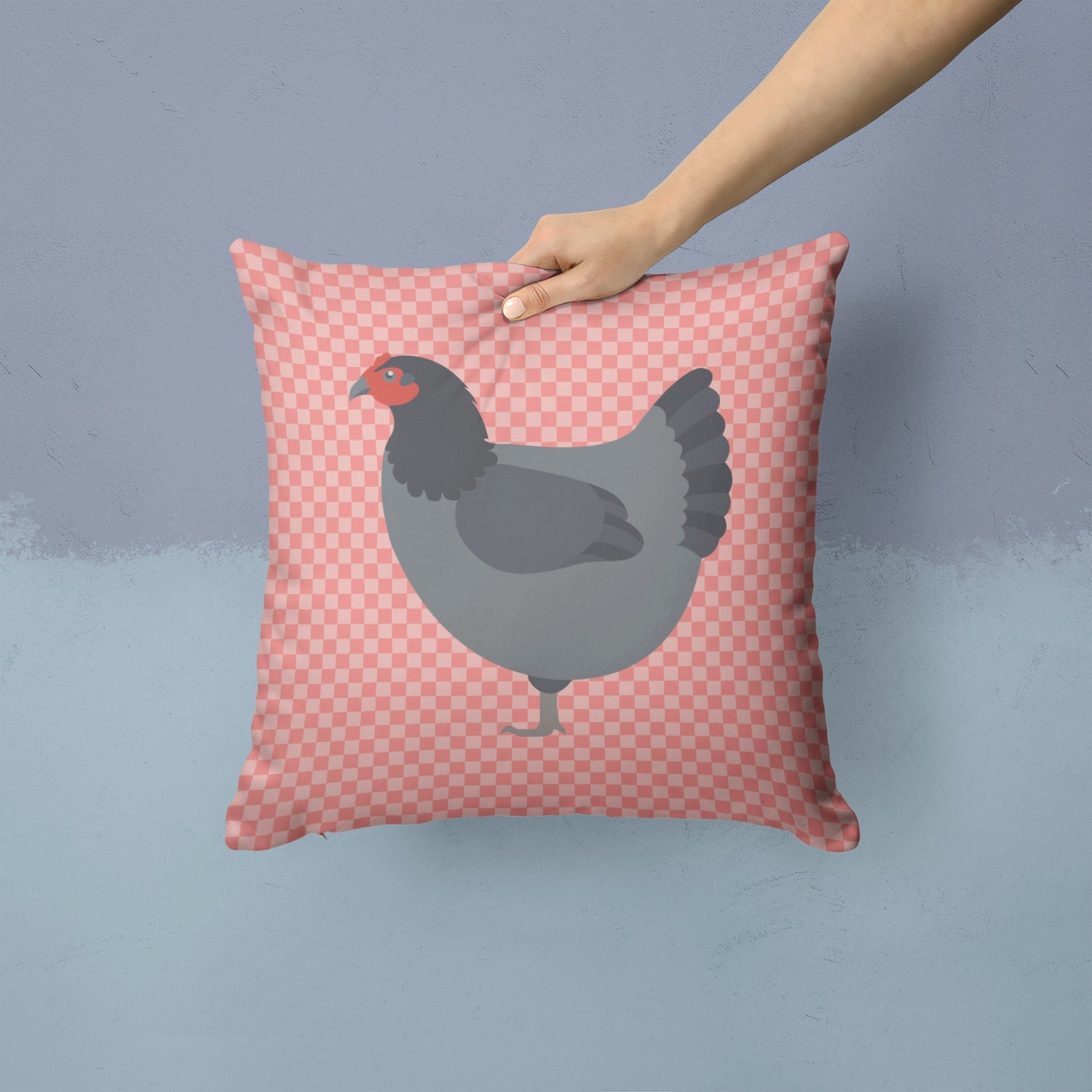 Jersey Giant Chicken Pink Check Decorative Throw Pillow 14x14 Indoor Outdoor Accent Cushion, Fabric Cover with Insert for Sofa, Bed, Porch & Living Room