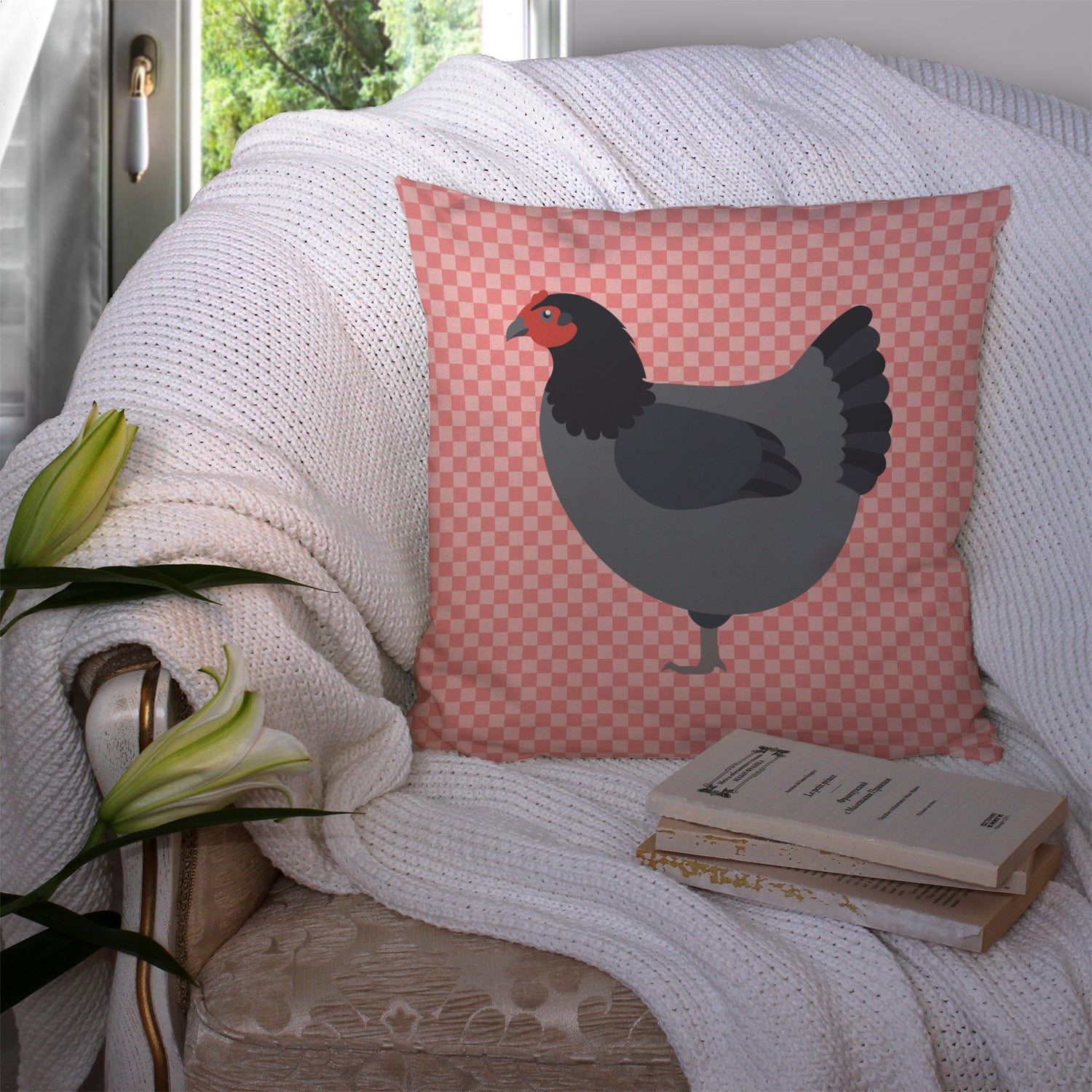 Jersey Giant Chicken Pink Check Decorative Throw Pillow 14x14 Indoor Outdoor Accent Cushion, Fabric Cover with Insert for Sofa, Bed, Porch & Living Room
