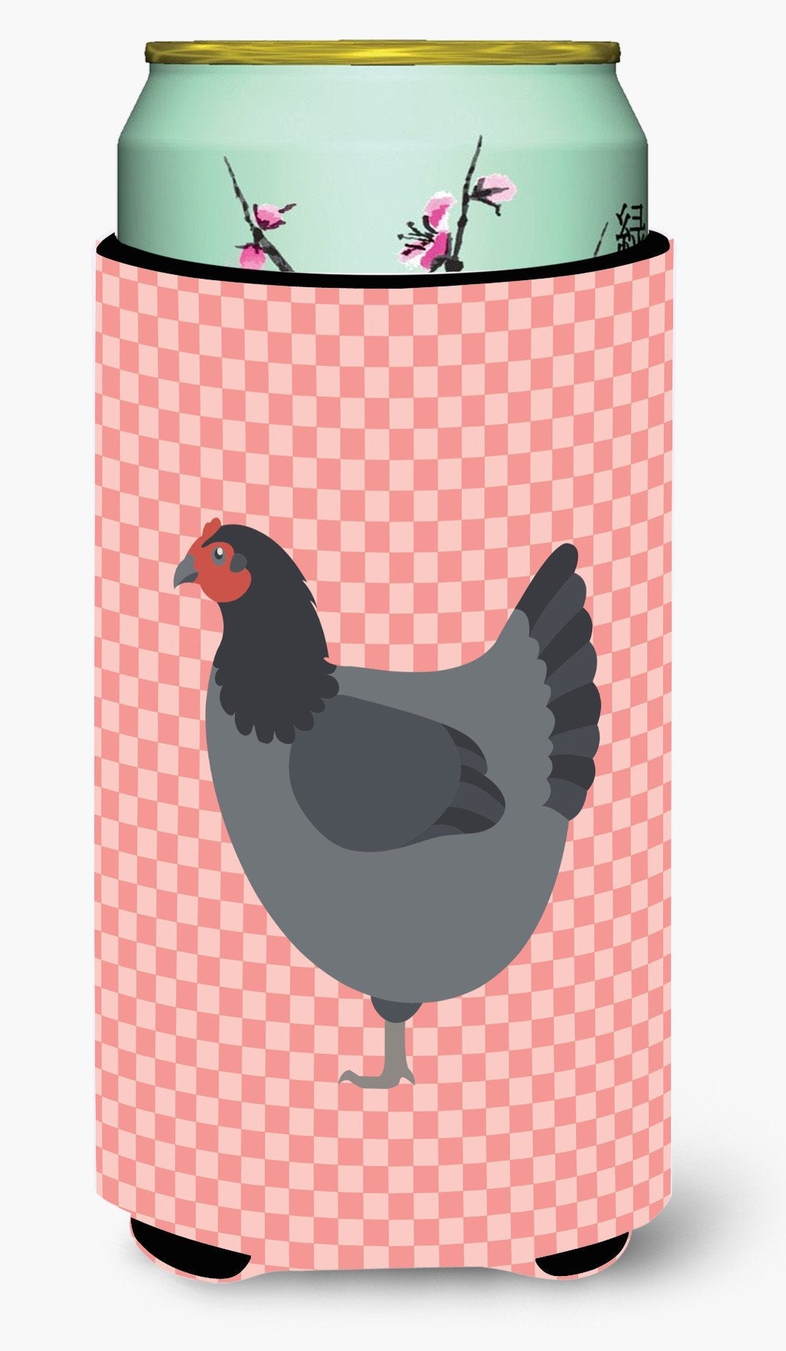 Jersey Giant Chicken Pink Check Tall Boy Hugger Can Cooler Sleeve Machine Washable Drink Collapsible Insulator Beverage Insulated Holder