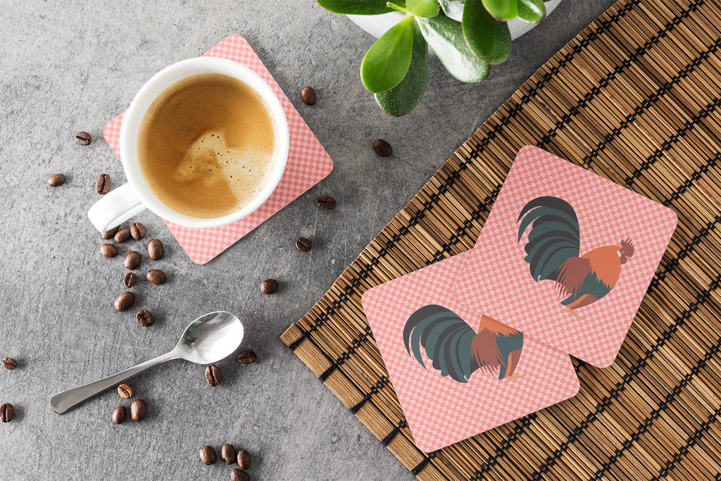Dutch Bantam Chicken Pink Check Foam Coasters Set of 4 Cup Coasters for Indoor Outdoor, Tabletop Protection, Anti Slip, Mouse pad Material