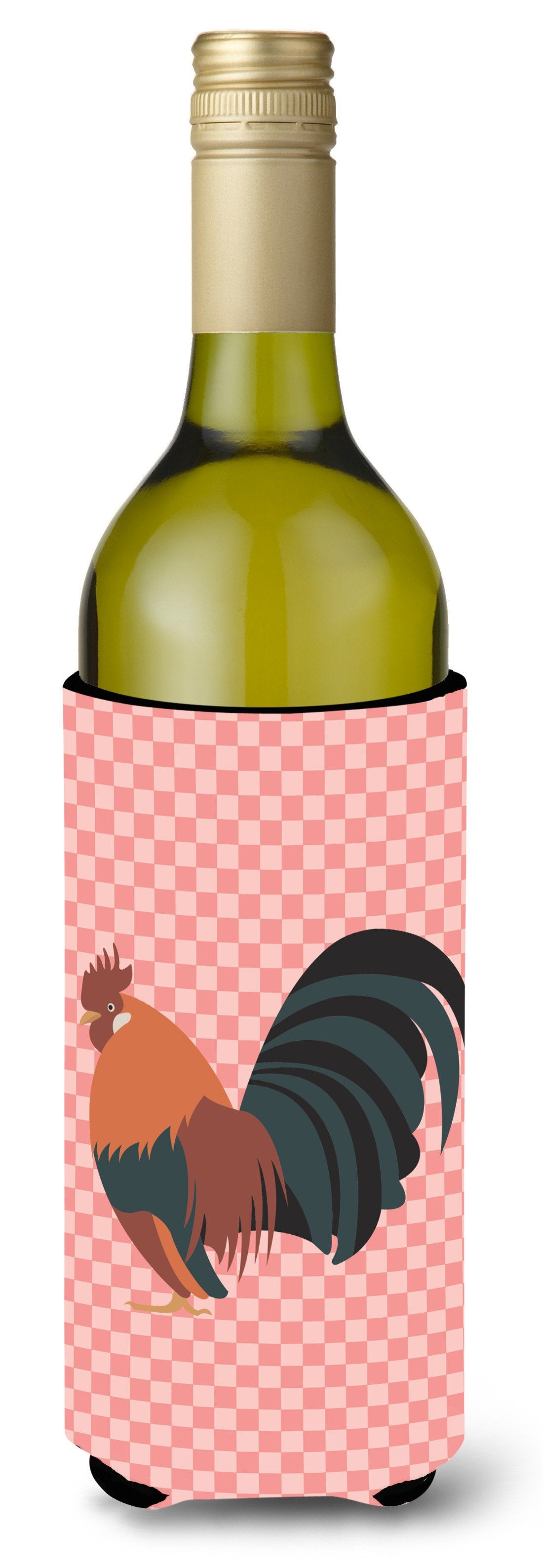 Dutch Bantam Chicken Pink Check Wine Bottle Hugger Gift Sleeve for Standard 750 ml Bottles, Insulated Reusable Also Fits Mini Shot & Pint Bottles