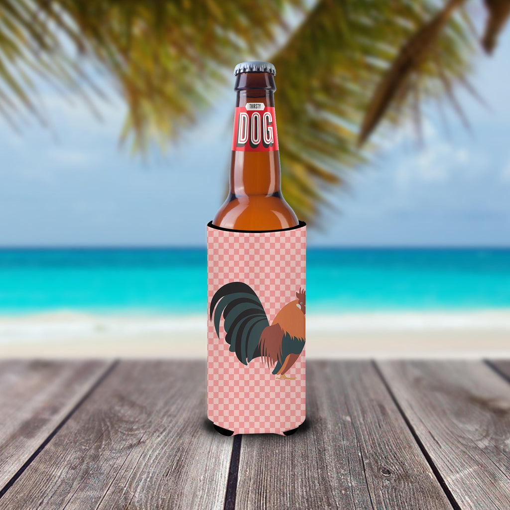 Dutch Bantam Chicken Pink Check Slim Can Hugger , Insulated Foam Hugger for 12 oz Slim Cans, Beer Bottles & Water Bottles, Printed in USA
