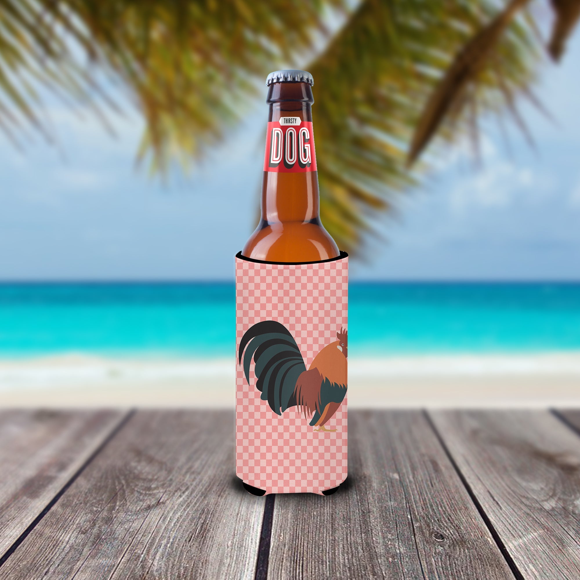 Dutch Bantam Chicken Pink Check Slim Can Hugger , Insulated Foam Hugger for 12 oz Slim Cans, Beer Bottles & Water Bottles, Printed in USA
