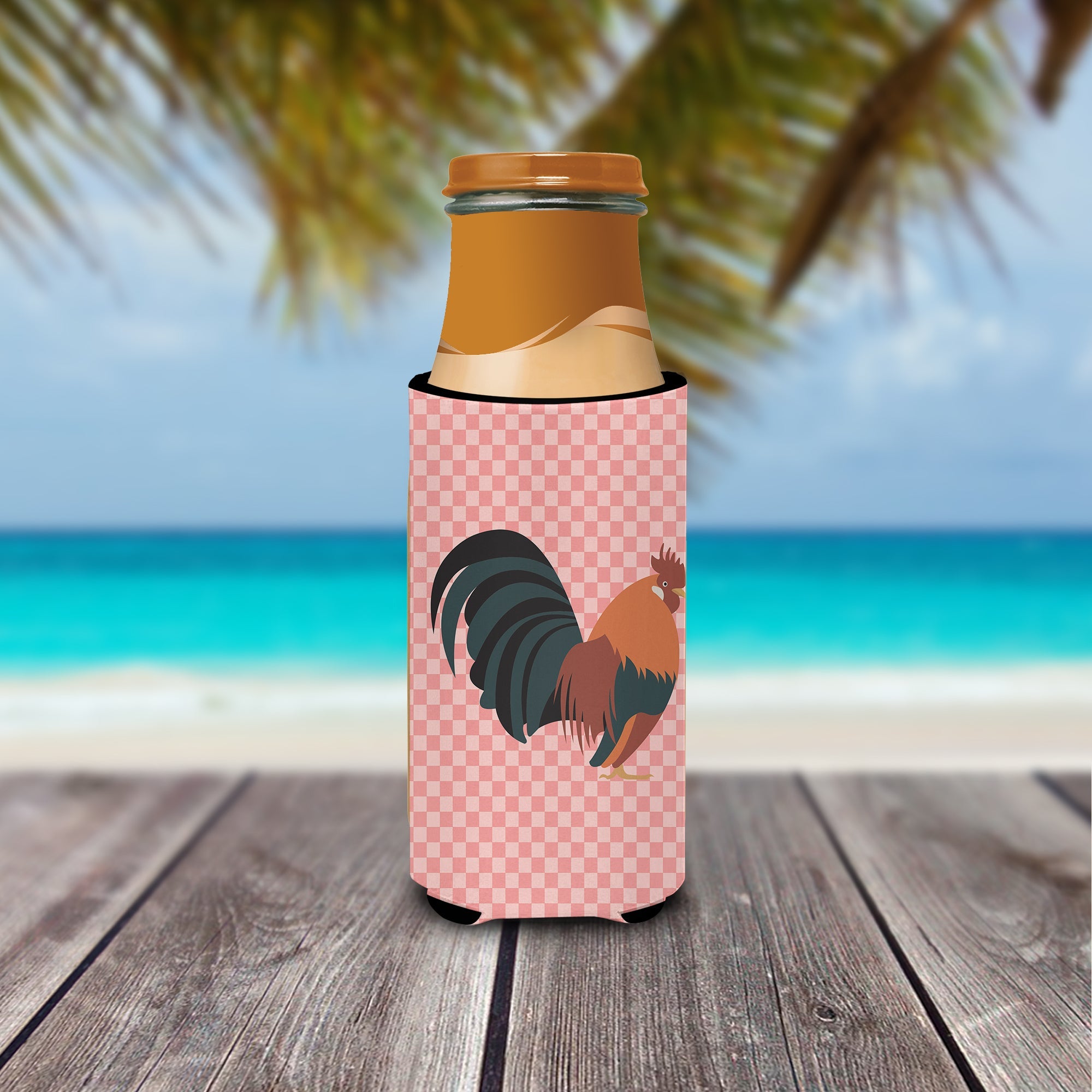 Dutch Bantam Chicken Pink Check Slim Can Hugger , Insulated Foam Hugger for 12 oz Slim Cans, Beer Bottles & Water Bottles, Printed in USA