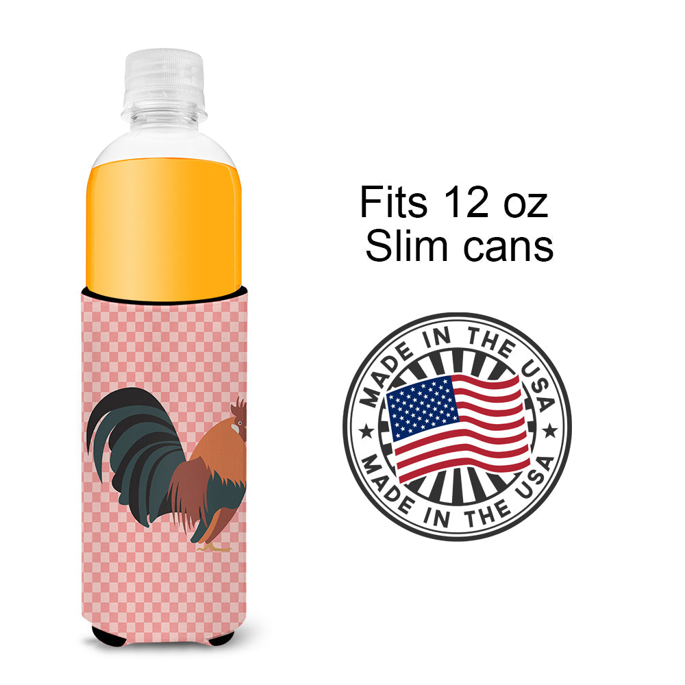 Dutch Bantam Chicken Pink Check Slim Can Hugger , Insulated Foam Hugger for 12 oz Slim Cans, Beer Bottles & Water Bottles, Printed in USA