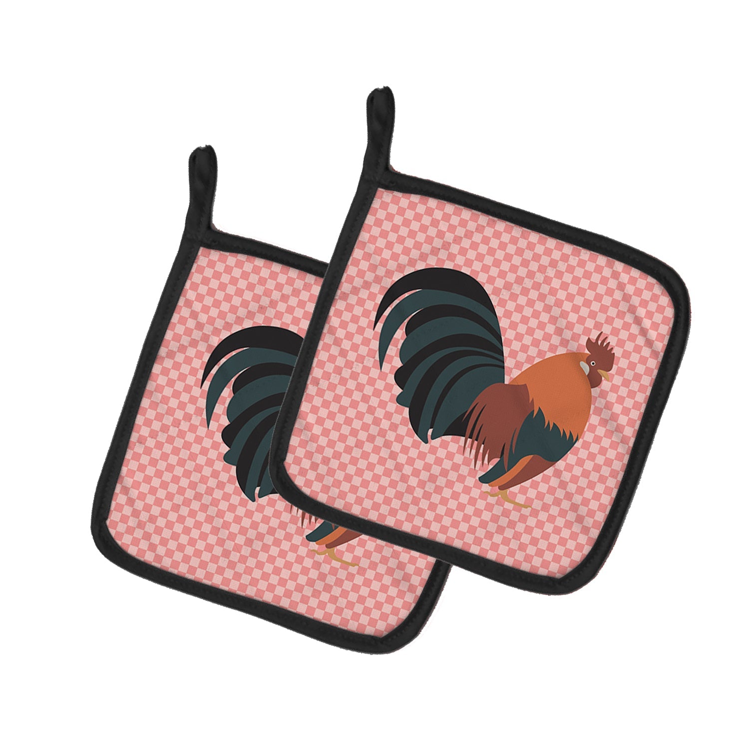 Dutch Bantam Chicken Pink Check Pot Holder Set of 2 Heat Resistant Quilted Hot Pads 7.5 x 7.5 Inch, Insulated Kitchen Trivets for Cooking & Baking