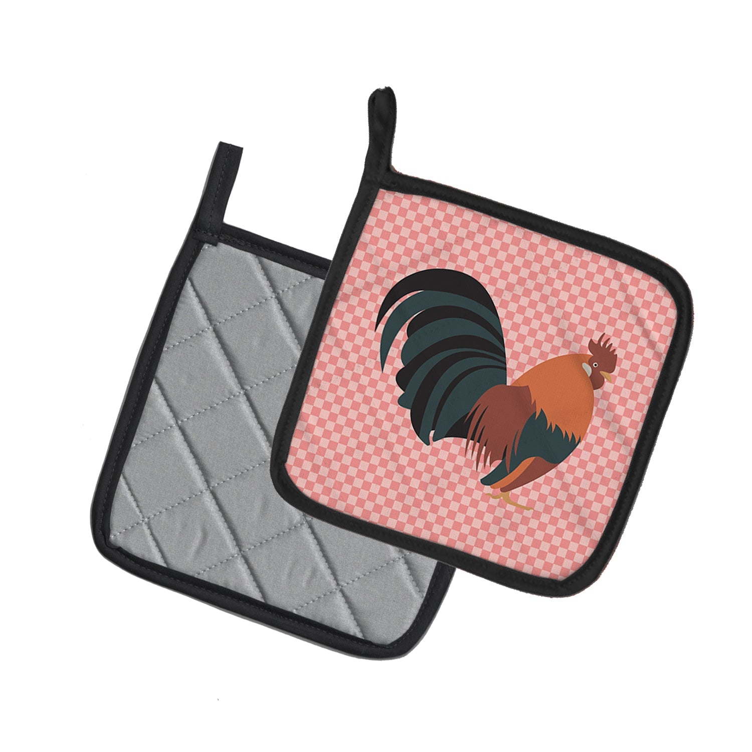 Dutch Bantam Chicken Pink Check Pot Holder Set of 2 Heat Resistant Quilted Hot Pads 7.5 x 7.5 Inch, Insulated Kitchen Trivets for Cooking & Baking