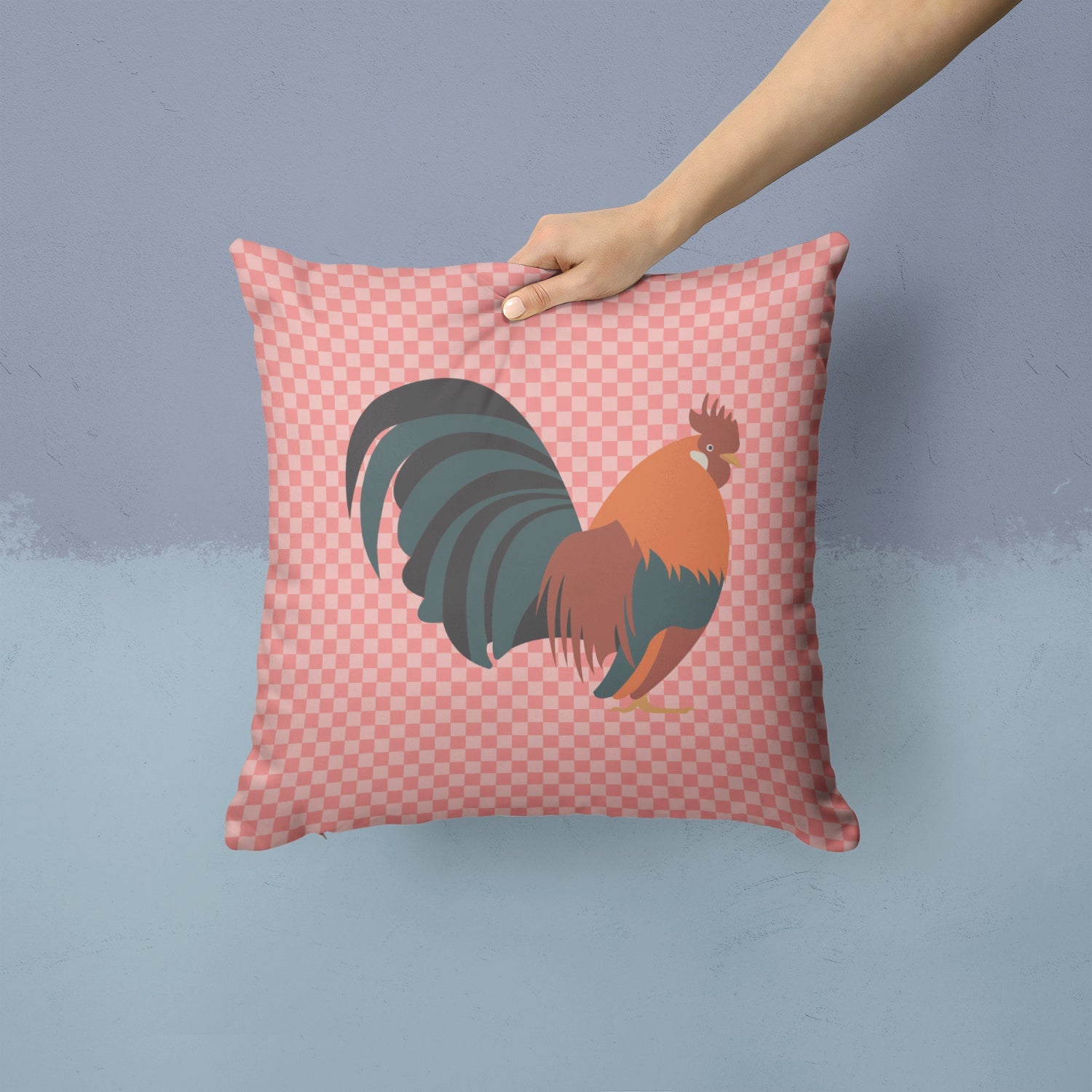 Dutch Bantam Chicken Pink Check Decorative Throw Pillow 14x14 Indoor Outdoor Accent Cushion, Fabric Cover with Insert for Sofa, Bed, Porch & Living Room