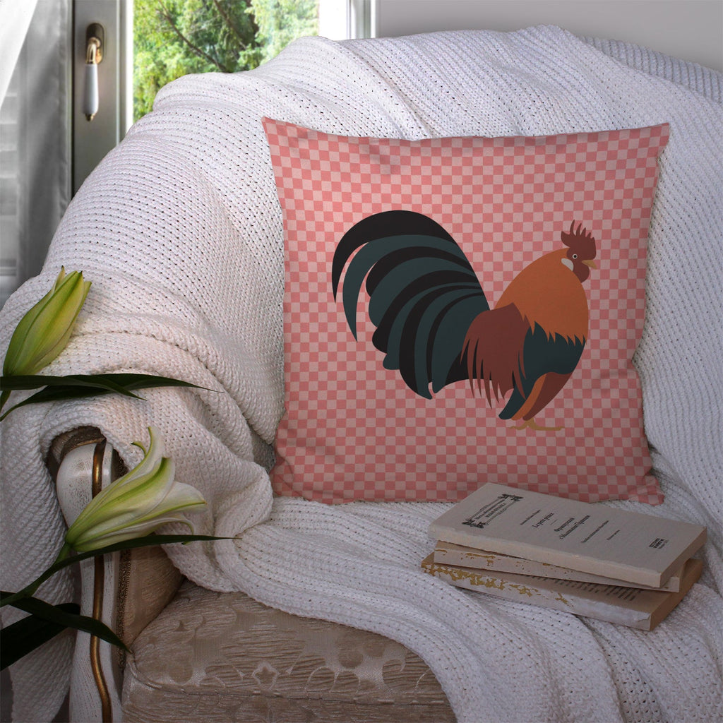 Dutch Bantam Chicken Pink Check Decorative Throw Pillow 14x14 Indoor Outdoor Accent Cushion, Fabric Cover with Insert for Sofa, Bed, Porch & Living Room