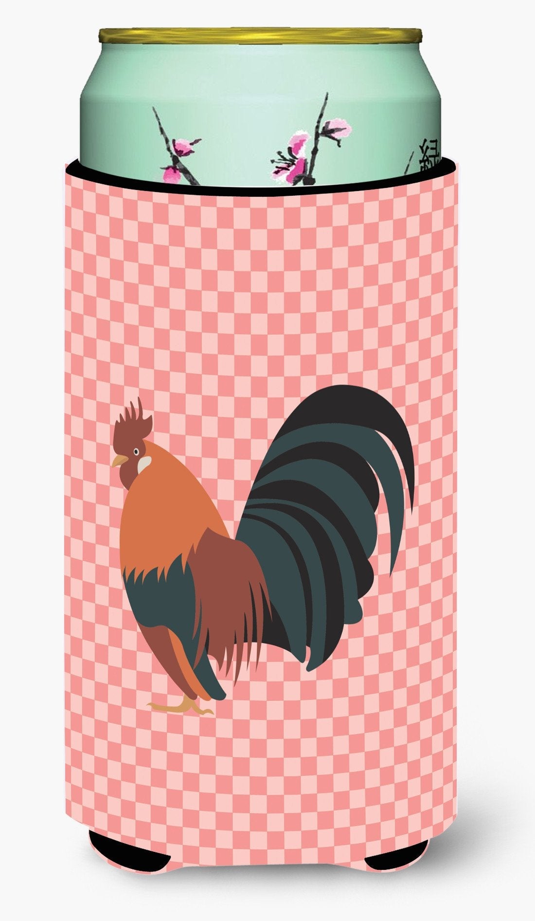 Dutch Bantam Chicken Pink Check Tall Boy Hugger Can Cooler Sleeve Machine Washable Drink Collapsible Insulator Beverage Insulated Holder