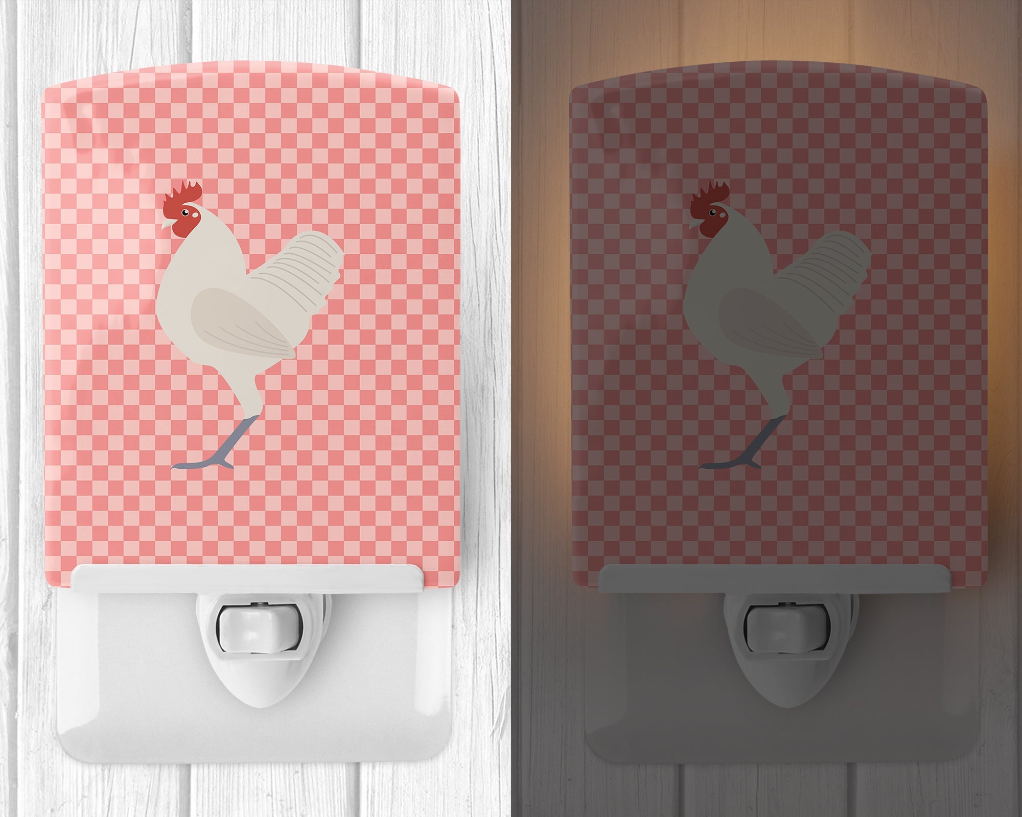 German Langshan Chicken Pink Check Ceramic Night Light Compact, UL-Certified, Ideal for Bedroom, Bathroom, Nursery, Hallway, Kitchen, 6x4x3, Multicolor