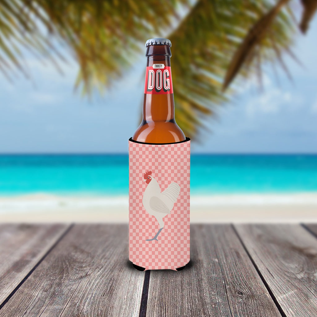 German Langshan Chicken Pink Check Slim Can Hugger , Insulated Foam Hugger for 12 oz Slim Cans, Beer Bottles & Water Bottles, Printed in USA