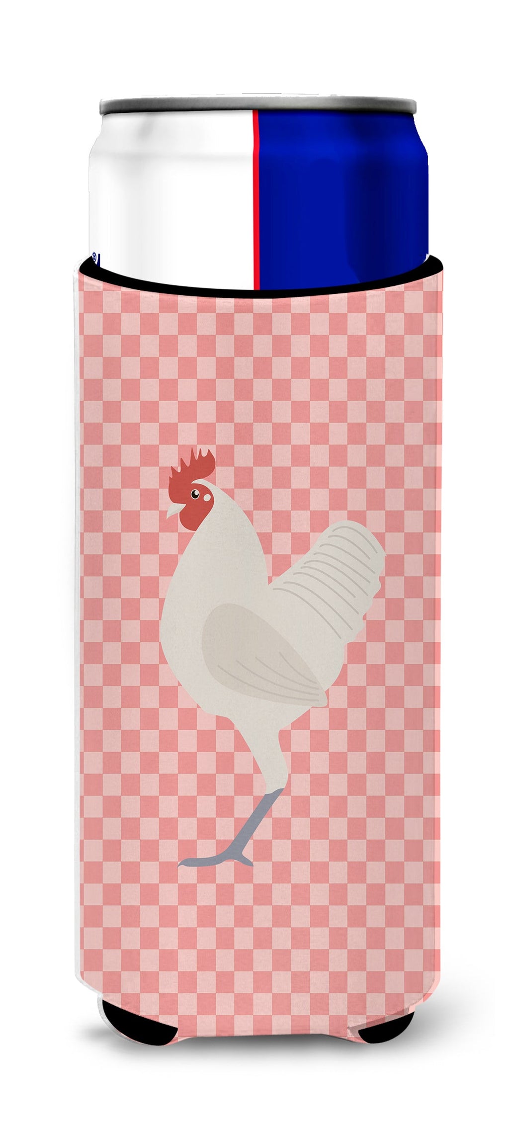 German Langshan Chicken Pink Check Slim Can Hugger , Insulated Foam Hugger for 12 oz Slim Cans, Beer Bottles & Water Bottles, Printed in USA