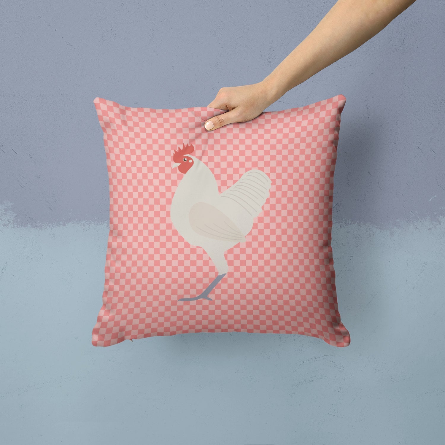 German Langshan Chicken Pink Check Decorative Throw Pillow 14x14 Indoor Outdoor Accent Cushion, Fabric Cover with Insert for Sofa, Bed, Porch & Living Room