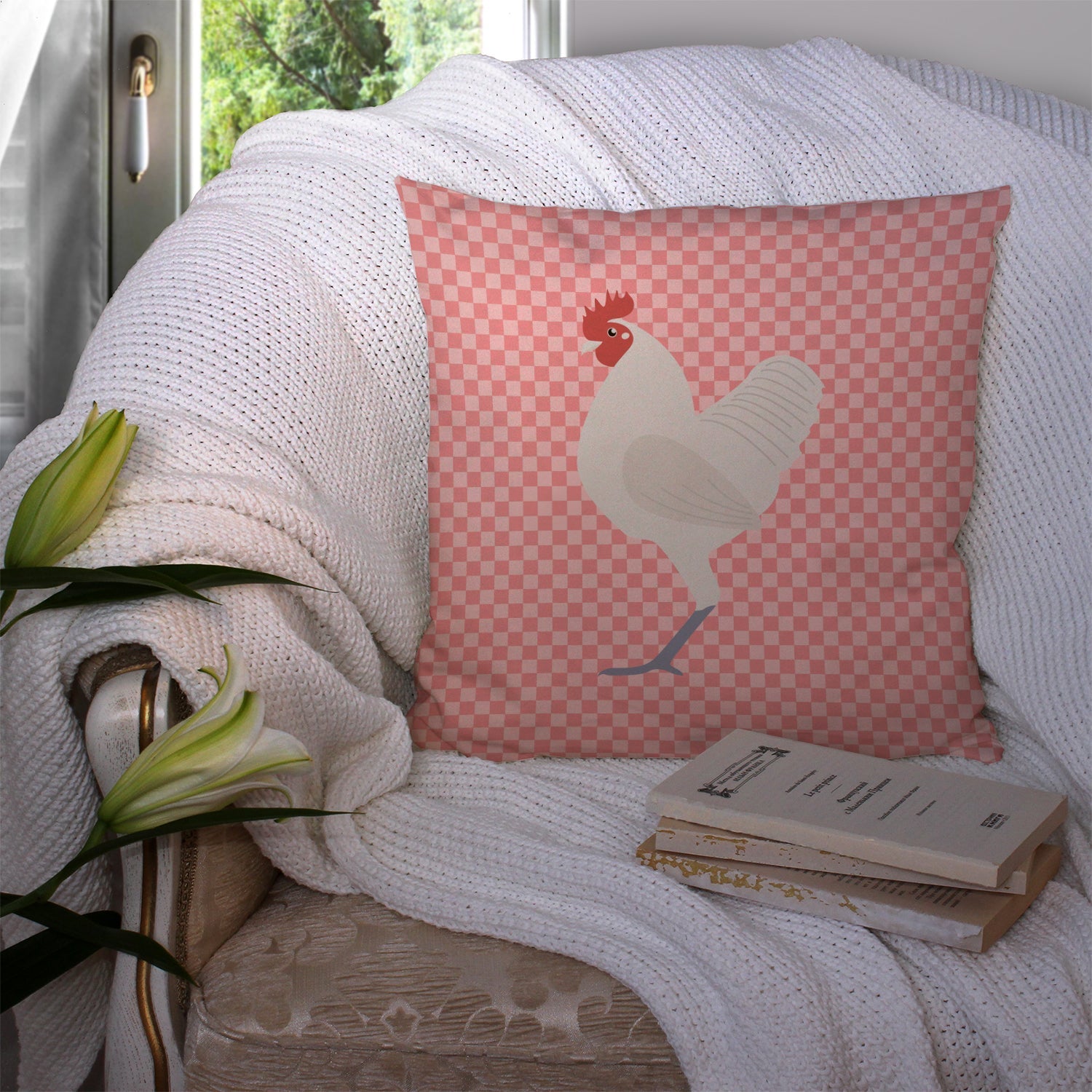German Langshan Chicken Pink Check Decorative Throw Pillow 14x14 Indoor Outdoor Accent Cushion, Fabric Cover with Insert for Sofa, Bed, Porch & Living Room