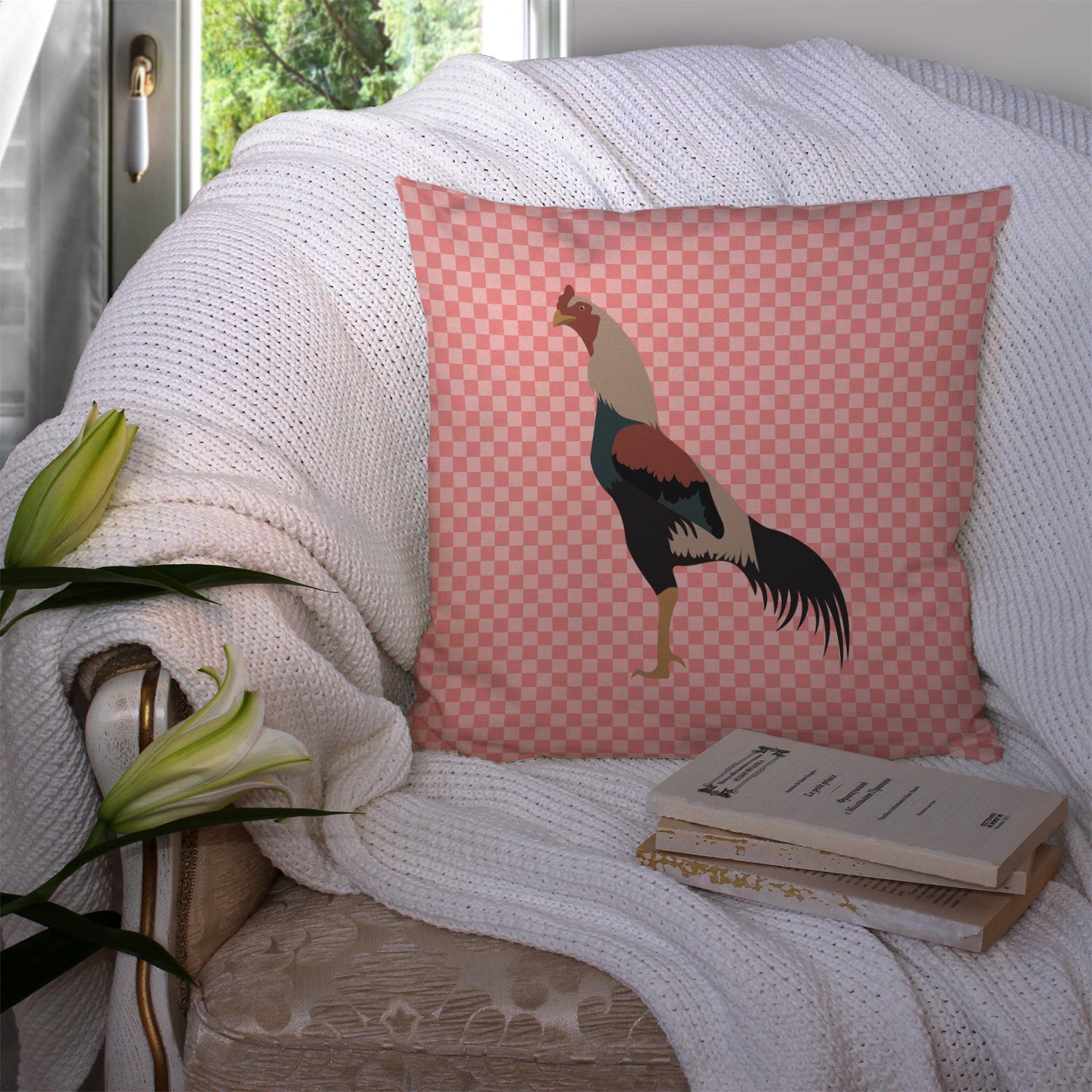 Kulang Chicken Pink Check Decorative Throw Pillow 14x14 Indoor Outdoor Accent Cushion, Fabric Cover with Insert for Sofa, Bed, Porch & Living Room