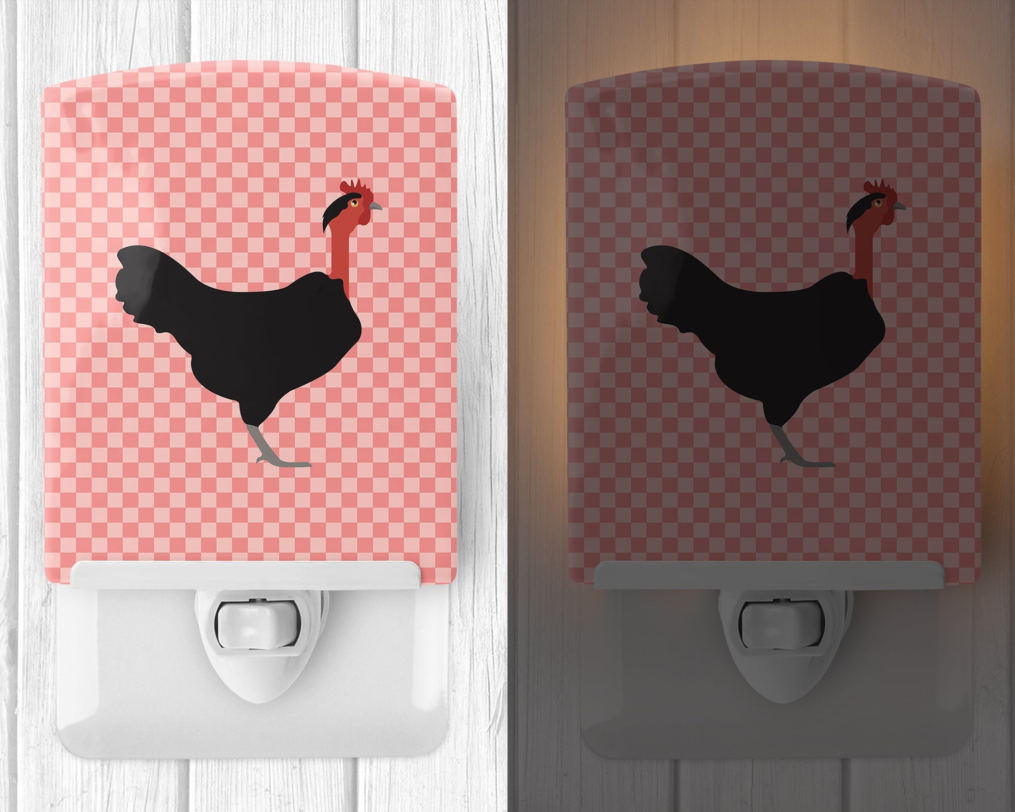 Naked Neck Chicken Pink Check Ceramic Night Light Compact, UL-Certified, Ideal for Bedroom, Bathroom, Nursery, Hallway, Kitchen, 6x4x3, Multicolor