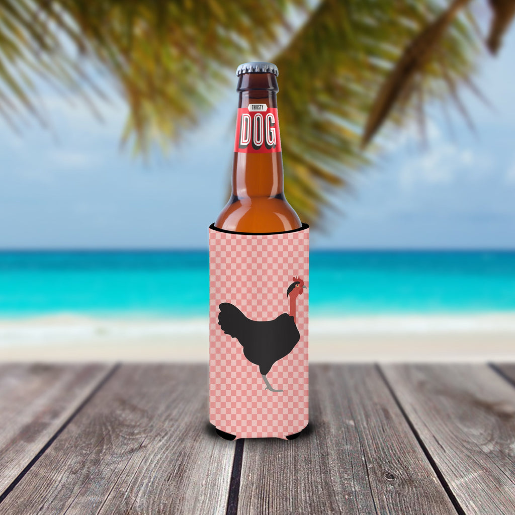 Naked Neck Chicken Pink Check Slim Can Hugger , Insulated Foam Hugger for 12 oz Slim Cans, Beer Bottles & Water Bottles, Printed in USA