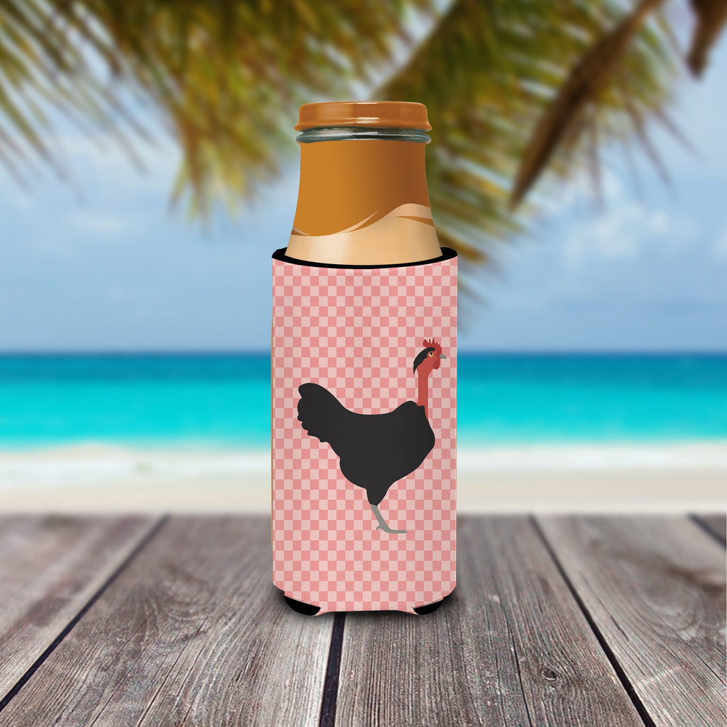 Naked Neck Chicken Pink Check Slim Can Hugger , Insulated Foam Hugger for 12 oz Slim Cans, Beer Bottles & Water Bottles, Printed in USA