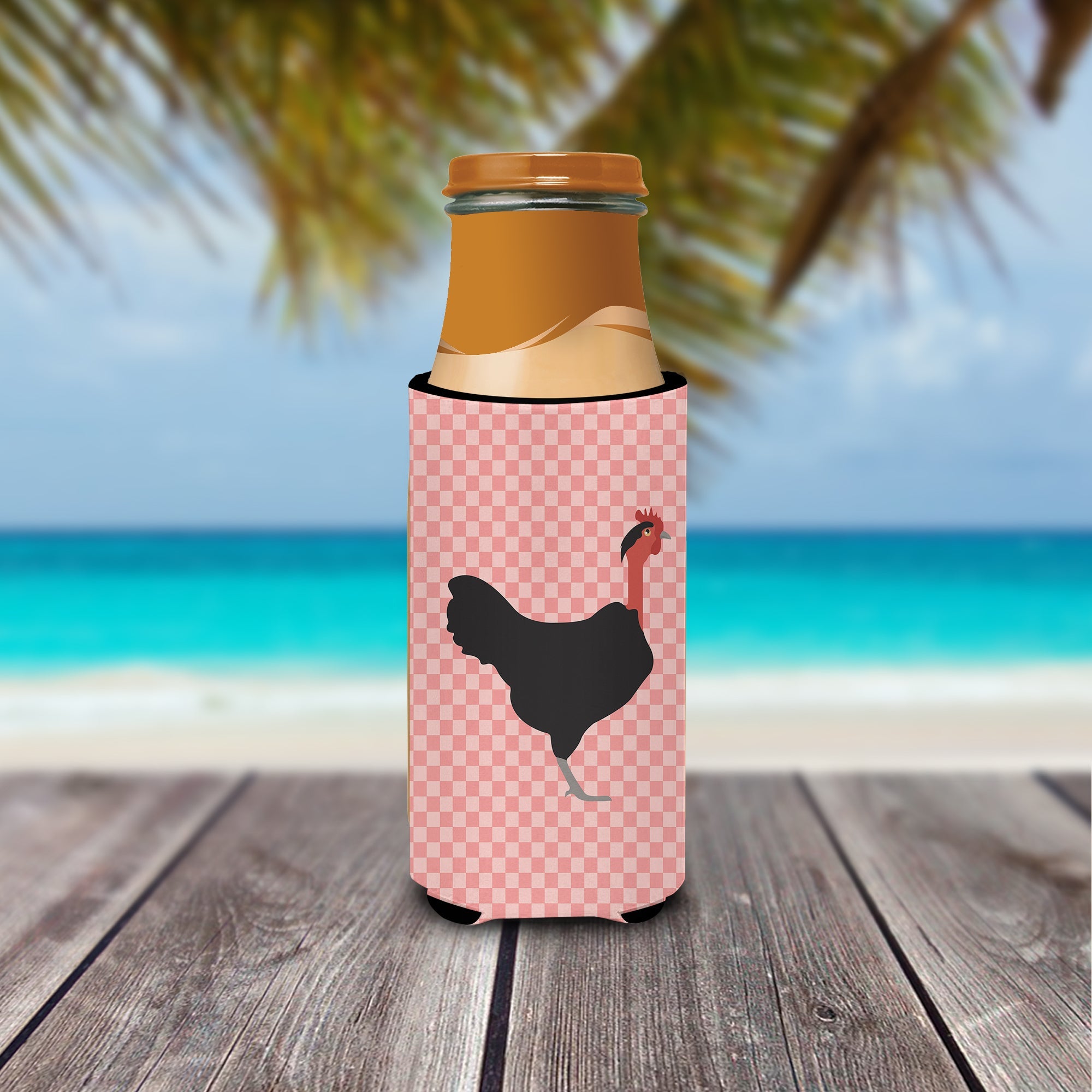 Naked Neck Chicken Pink Check Slim Can Hugger , Insulated Foam Hugger for 12 oz Slim Cans, Beer Bottles & Water Bottles, Printed in USA
