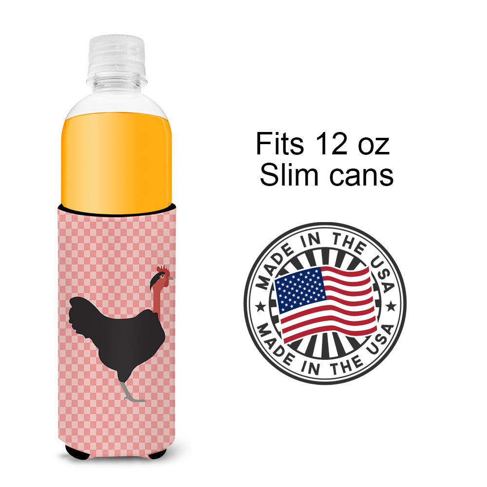 Naked Neck Chicken Pink Check Slim Can Hugger , Insulated Foam Hugger for 12 oz Slim Cans, Beer Bottles & Water Bottles, Printed in USA