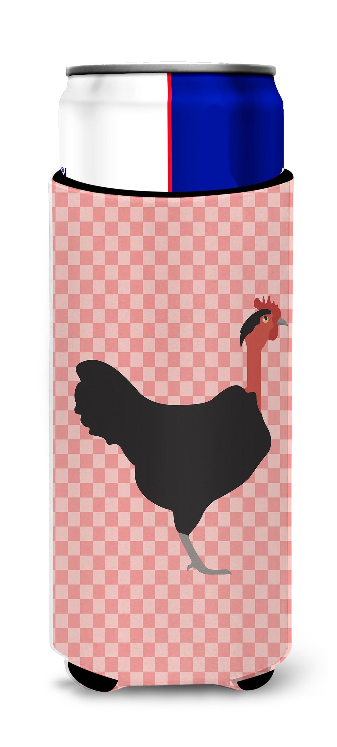 Naked Neck Chicken Pink Check Slim Can Hugger , Insulated Foam Hugger for 12 oz Slim Cans, Beer Bottles & Water Bottles, Printed in USA