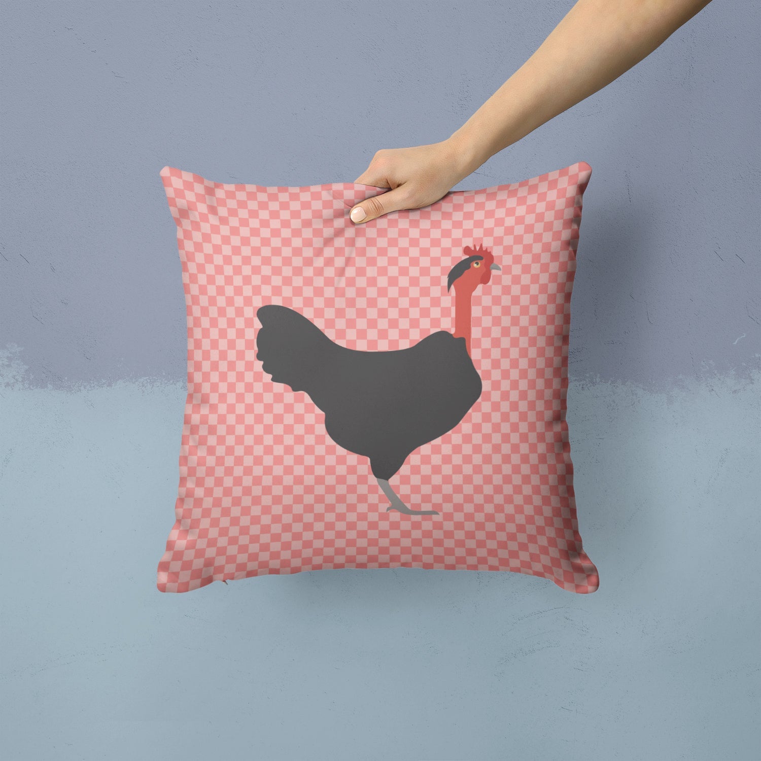 Naked Neck Chicken Pink Check Decorative Throw Pillow 14x14 Indoor Outdoor Accent Cushion, Fabric Cover with Insert for Sofa, Bed, Porch & Living Room