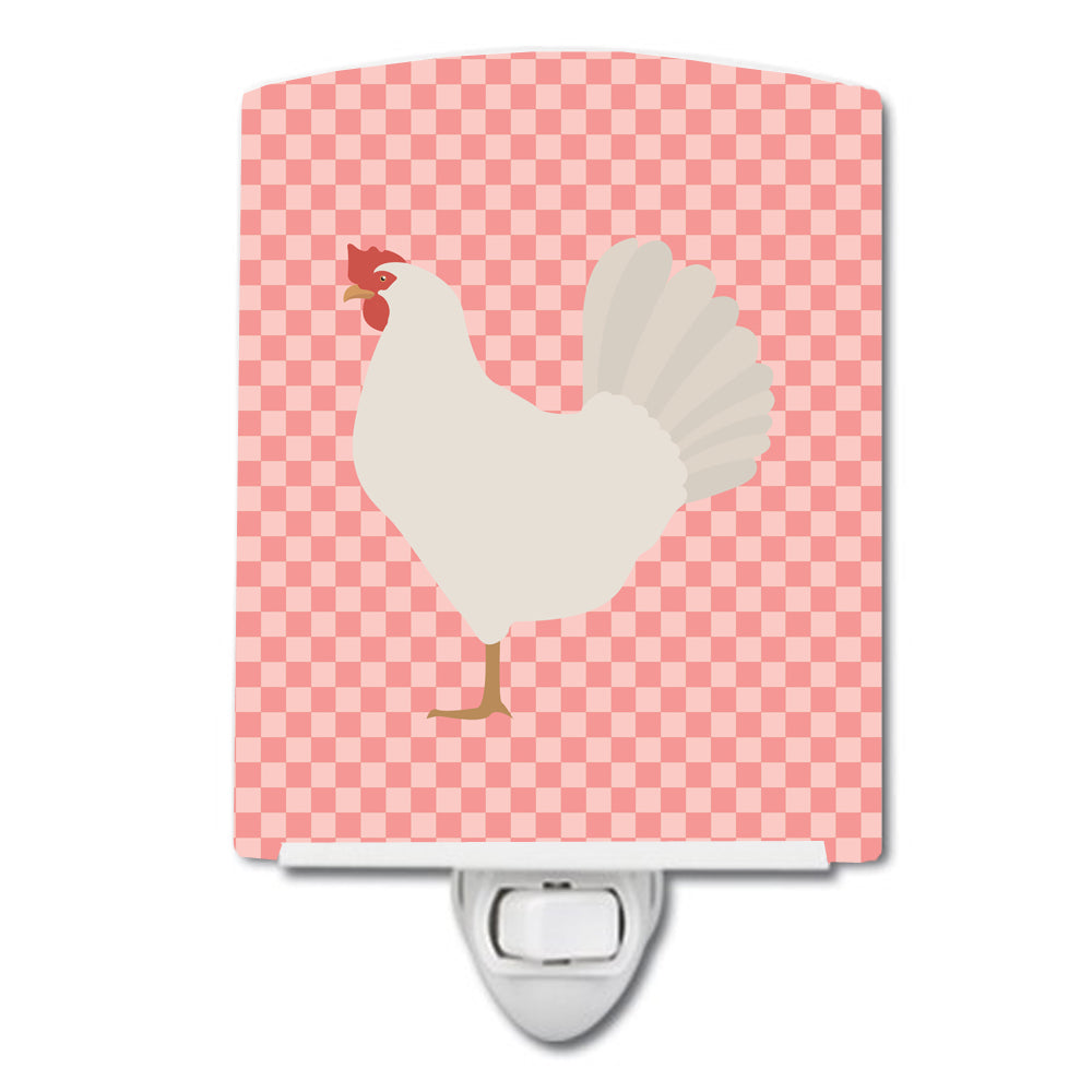Leghorn Chicken Pink Check Ceramic Night Light Compact, UL-Certified, Ideal for Bedroom, Bathroom, Nursery, Hallway, Kitchen, 6x4x3, Multicolor