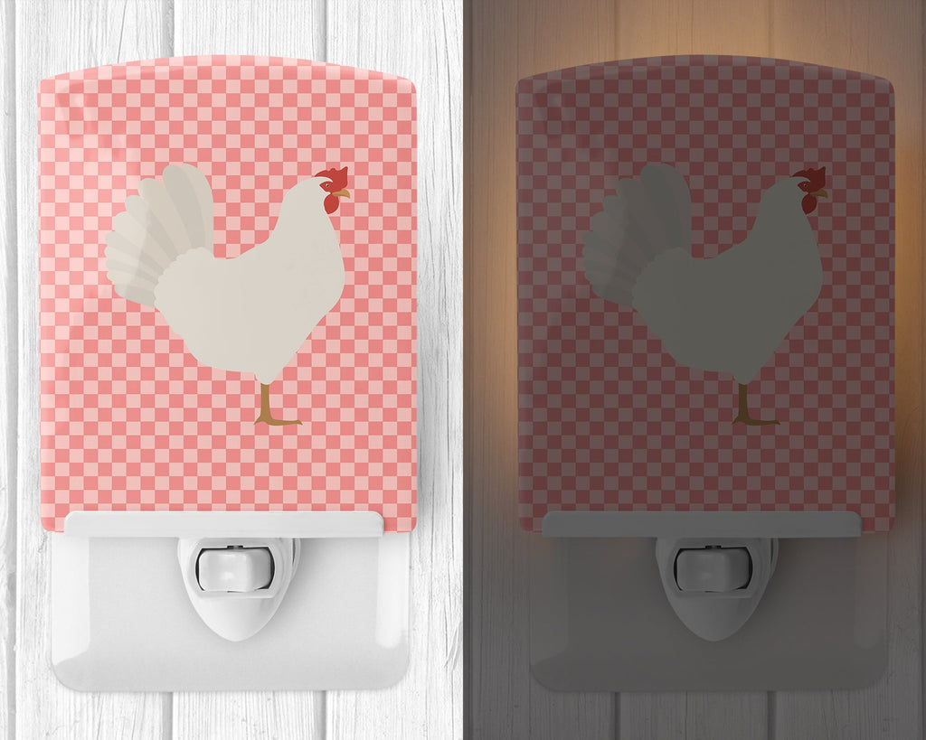 Leghorn Chicken Pink Check Ceramic Night Light Compact, UL-Certified, Ideal for Bedroom, Bathroom, Nursery, Hallway, Kitchen, 6x4x3, Multicolor