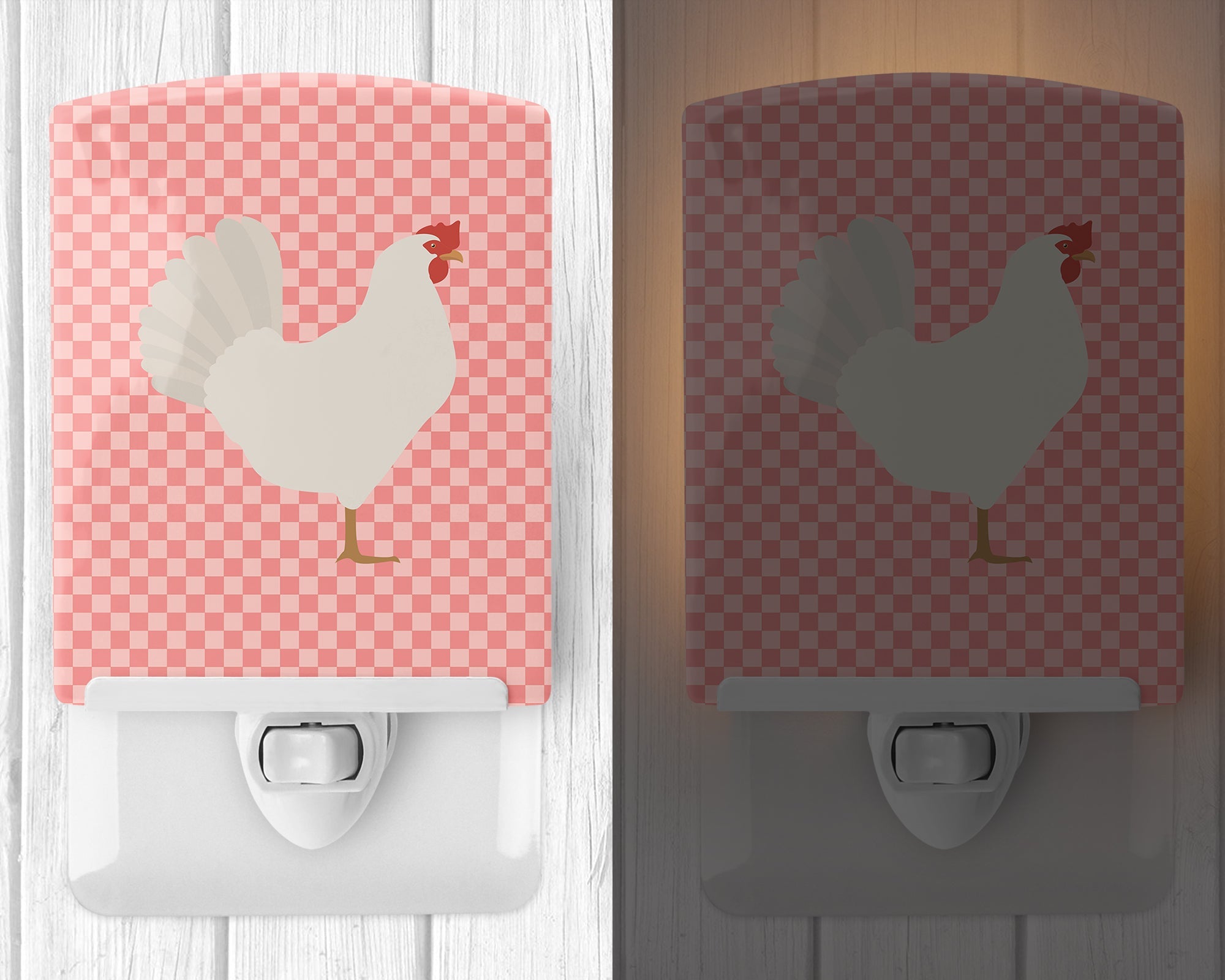 Leghorn Chicken Pink Check Ceramic Night Light Compact, UL-Certified, Ideal for Bedroom, Bathroom, Nursery, Hallway, Kitchen, 6x4x3, Multicolor